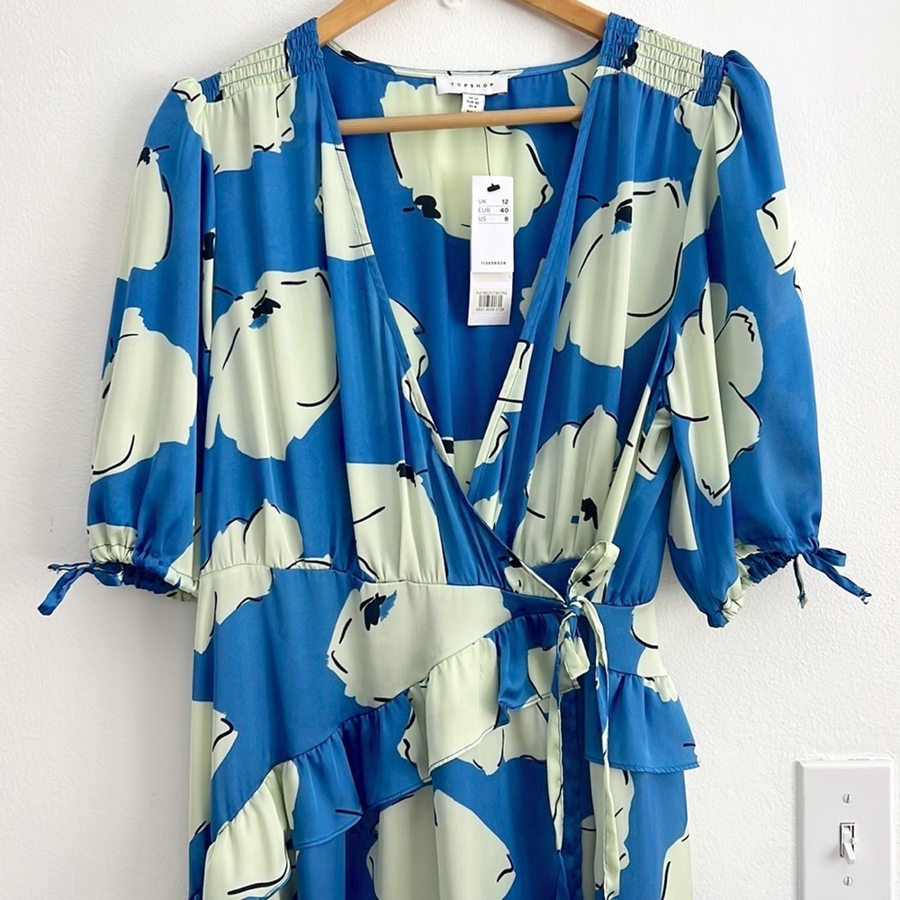 Topshop Crinkle Texture Wrap Front Midi Dress Blue Floral NWT - Picture 6 of 16